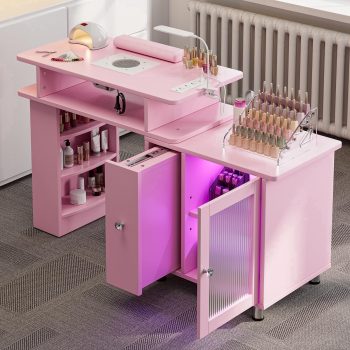 Manicure Table w/LED Light & Lamp, Nail Desk Nail Tech Table w/Dust Collector & Charging Station, Nail Station w/Acrylic Display Rack, Drawers & Glass Door Cabinet ()