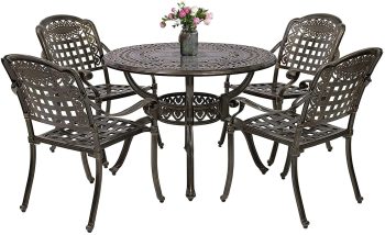 MEETWARM 5 Piece Patio Dining Set, Outdoor All-Weather Cast Aluminum Dining Table Set, Patio Furniture Set for Backyard Garden Deck, Include 4 Chairs and 1 Round Table with Umbrella Hole