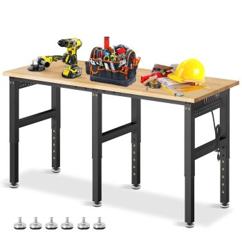 72" Heavy Duty Work Bench, 5000 LBS Capacity Adjustable Workbench with Power Outlet & Pegboard, Rubber Wood Work Table for Garage, Workshop, Office, Home