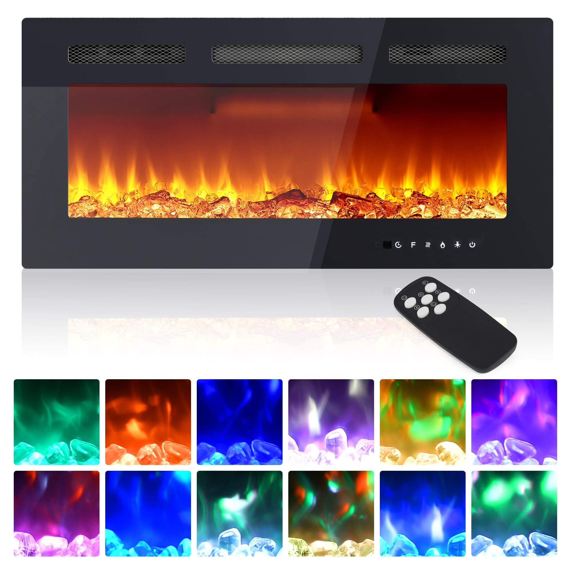 42 in Electric Fireplace Inserts, Ultra-Slim Wall-Mounted or Recessed Fireplace Heater with Remote Control, 750/1500W Adjustable Flame Color & Brightness, 9H Timer, Log & Crystal Options
