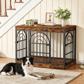 Amlancher Dog Crate Furniture for Medium Dogs, 39" Heavy Duty Wooden Kennel with Removable Divider & Retro Round Door