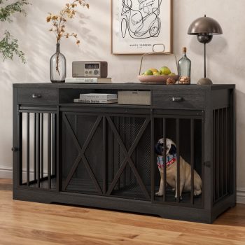 Uforic 63-Inch Dog Crate Furniture,TV Stand with Charging Station,Dog Kennel with Double Sliding Barn Door - Dark Gray