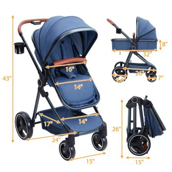 2-in-1 Bassinet Stroller, Lightweight Foldable Baby Stroller with Reversible Seat, Adjustable Canopy & All-Terrain Wheels for Newborns 0-3 Years