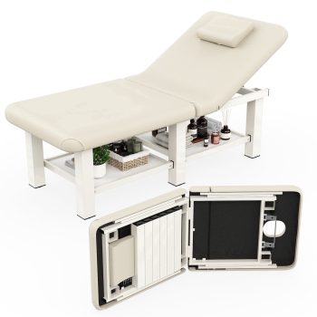 Holaki Massage Table with Backrest, Folding Treatment Table for Physical Therapy Spa Facial Bed, PU Leather Massage Bed with Metal Frame. 660lbs, Beige