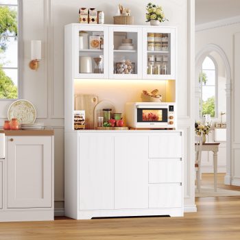 Homfa 70.9'' Kitchen Pantry Cabinet with Charging Station and LED Light, 3 Drawers Buffet Storage Cabinet with Glass Doors and Adjustable Shelves