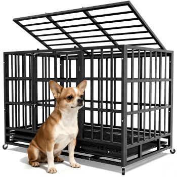 TIME RAY 38 inch Heavy Duty Indestructible Dog Crate, Steel Escape Proof Dog Cage Kennel for Medium Large Dogs Indoor Double Door High Anxiety Dog Crate with Wheels, Lock& Removable Tray, Black