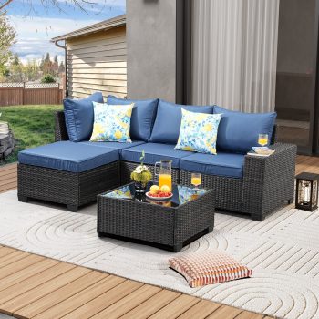 JOYURE Pieces Patio Furniture set All-Weather Outdoor Wicker Sectional Conversation Sofa Rattan patio seating sofa with cushion and Glass Table and Ottoman for Porch Poolside