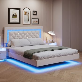4 EVER WINNER Size Floating Bed Frame with LED Lights, Upholstered Platform Bed Frame with Diamond Tufted Headboard, Size Bed Frame