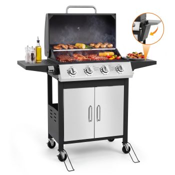 SEGMART 4 Burner BBQ Propane Gas Grill, Stainless Steel 40,000 BTU Patio Garden Barbecue Grill with Folding Side Tables, Thermometer & Bottle Opener, Perfect for Camping, Outdoor Cooking