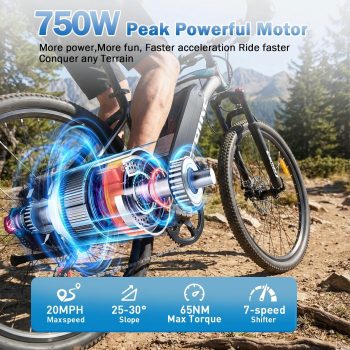 XKJ Electric Bike for Adults, 26”Electric Mountain Bike 48V 12AH Battery & LCD Display,750W Motor,7-Speed,20MPH, Lightweight Ebike for Teens,40 Miles, Full Suspension,UL2849