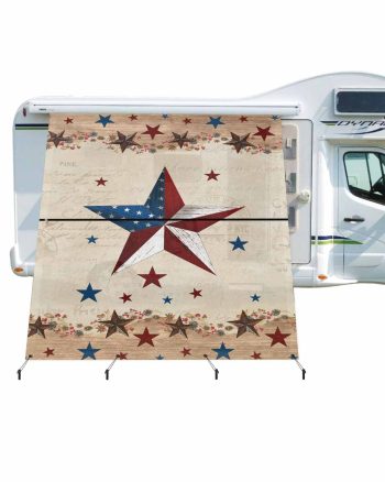 4th of July RV Awning Sun Shade Screen 9'X7' Patriotic Barn Stars American Flag Mesh Sunscreen Retro Wood Grain Awning Shade Screen with Zipper UV Blocker Completed Kits for RV Motorhome Camper
