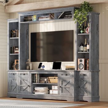 Merluxy Farmhouse Wall Unit TV Stand with Bookshelf & Wine Cabinet, Power Outlets for 78" TVs, Grey