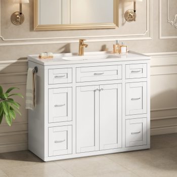 Generic 48 inch Freestanding Bathroom Vanity with Ceramic Sink, Soft-Close Doors, 6 Drawers & Flip-Out Tray, Moisture Resistant MDF Cabinet with Reversible Towel Bar