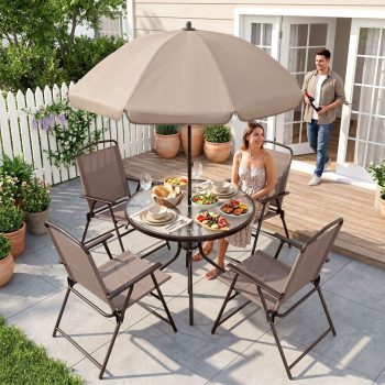 LAZY BUDDY 6-Piece Outdoor Patio Dining Set with Umbrella, All-Weather Round Glass Table with 4 Folding Chairs, Metal Frame, for Backyard Deck Garden