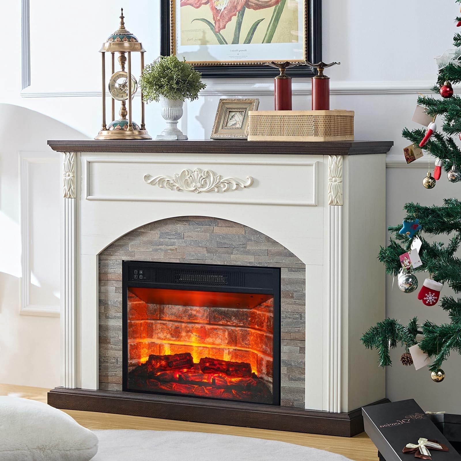 BOSHIRO 44" White Electric Fireplace Mantel with 23" Brick Insert, LED Flame & Heater, Corner TV Stand for Living Room or Bedroom