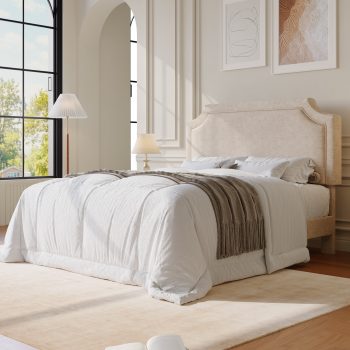 Amolife Bed Frame, Upholstered Platform Bed with Streamlined Adjustable Headboard, No Box Spring Required