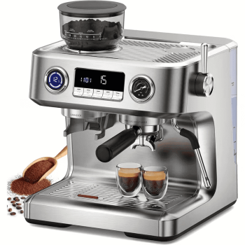 Auseo Espresso Machine with Grinder, Dual Boiler 20 Bar Espresso Machines with Milk Frother Steam Wand, Espresso/Cappuccino/Latte/Mocha, Commercial Espresso Coffee Machines, Stainless Steel