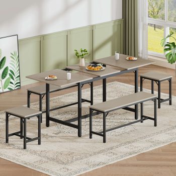 Aukfa 63" Extendable Dining Table Set for 4-8, 3-Piece Kitchen Table Set with 2 Benches & 2 Stools, Space Saving Wood Table & Metal Frame