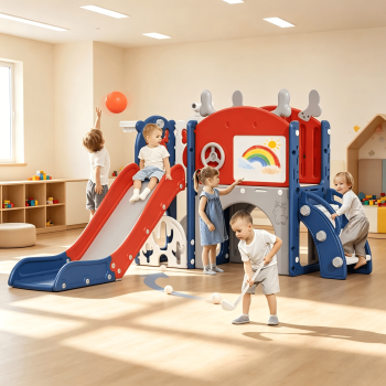 KORIMEFA 11 in 1 Toddler Slide, Kid Slide for Toddlers Age 1-3 with Golf Set, Ring Toss, Basketball Hoop, Drawing Board and Telescope, Indoor Outdoor Playset Playground