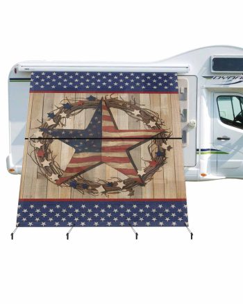4th of July RV Awning Sun Shade Screen 9'X7' USA Barn Star Mesh Sunscreen Rustic Wood Grain Awning Shade Screen with Zipper UV Blocker Completed Kits Outdoor Canopy for RV Motorhome Camper Travel