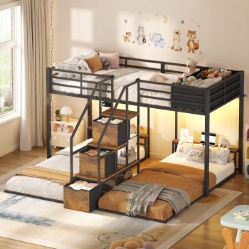 Plonmago Triple Bunk Bed Twin Over Twin with Storage Staircase, RGB Lights & Power Outlets, Heavy Duty Metal Bunk Beds with Drawers & Headboard Shelf, Safety Guardrails, for Bedroom Small Space