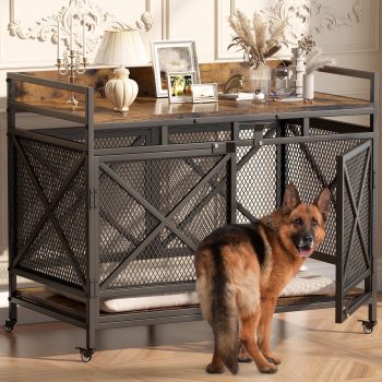 Scohul 48 inch Dog Crate Furniture for Large Dogs, TV Stand with Lockable Wheels, Heavy-Duty Indoor Kennel