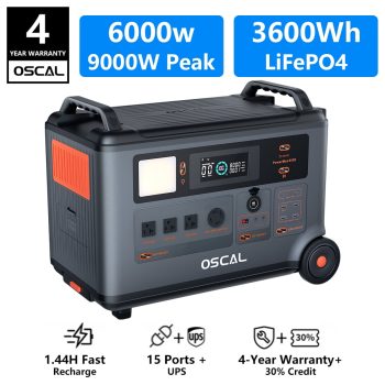 OSCAL Solar Generator, Portable Power Station 3600Wh LiFePO4 | 6000W (9000W Surge) | 1.5 H Charge | DC/AC Bi-Directional Inverter | for Home Emergency, Outdoor CampingHurricane Backup