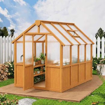 PABIMIA 6 ft. x8 ft. Wood Greenhouse, Outdoor Walk-in Greenhouse Kit with Polycarbonate Panels and Adjustable Roof Vent