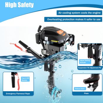 4-Stroke 6HP Outboard Motor Engine for Boats, Air-Cooled, Low Fuel Consumption, Easy to Install, with Emergency Flameout Rope & Durable Aluminum Alloy Build