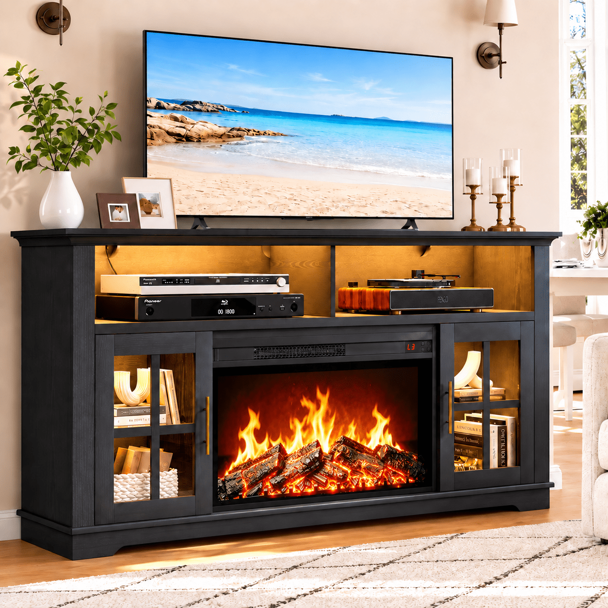 UHOMEPRO 63 Inch Electric Fireplace TV Stand for TVs up to 70 Inch, Fireplace Entertainment Center with 30 Inch Fireplace, LED Lights, Modern TV Console Table for Living Room