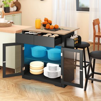 Uforic Kitchen Island Table with Drop Leaf & Seating, Rolling Kitchen Island with Power Outlets & Storage, Black