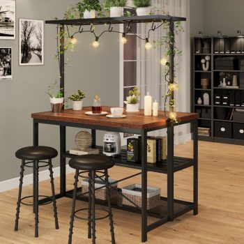 Rugerasy 47inch Kitchen Island with Storage & Seating - 3-Tier Bakers Rack,Microwave Stand with 5 Hooks and 5 Rack,Multi-Function Island Table for Small Spaces,Retro color top plate