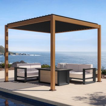 Mirador 10'x 10' 111S Outdoor Aluminum Pergola w/ Adjustable Rainproof Louver for Garden, Patio, Backyard/Wood Grain