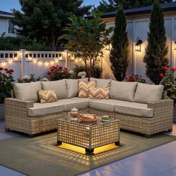 Ovios 6 Pieces Outdoor Patio Furniture Sectional Conversation Set, PE Wicker Outdoor Couch with Solar Coffee Table, Cushion