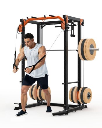 Power Cage, Power Rack with Cable Crossover System, 2000LBS Squat Rack with LAT Pull Down System, Workout Cage with Pulley System for Fitness Home Gym Strength Training (Orange&Black)