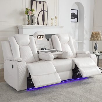 Power Reclining Sofa with Zero Gravity, Faux Leather 3 Seater Recliner Couch with Wireless Charging, USB Ports, LED Lights, Cup Holders, White