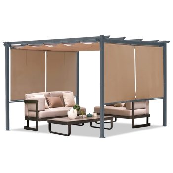 Aoodor 12 x 12 ft. Outdoor Pergola with Retractable Shade Canopy, Dark Matte Aluminum Frame, 4 Pieces Roller Shade Curtain, Grape Trellis Pergola for Patio Backyard and Deck