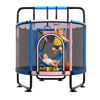 Cochan Mini Trampoline for Kids, 5FT 600LBS Indoor Trampoline for Toddlers with Handlebar, Swing Set, Basketball Hoop, Small Trampoline with Enclosure for Age 1-12, Birthday Gift for Boys and Girls