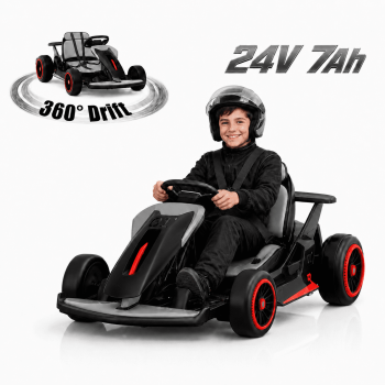 24V 2x150W Electric Drift Go Kart Ride On Toy, 9AH Battery, 5‑7.5mph, EVA Front Tires, 5‑Point Safety Harness, Bluetooth Music, 110lbs Max Load, Brake & Gas Pedal, for Ages 6+