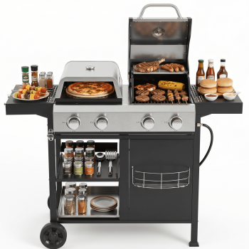 Propane Grill 2+2 Multi Function 4-Burner Stainless Steel with Griddle & Pizza Oven, Thermometers, Side Shelves with Hooks for Outdoor and Tailgating