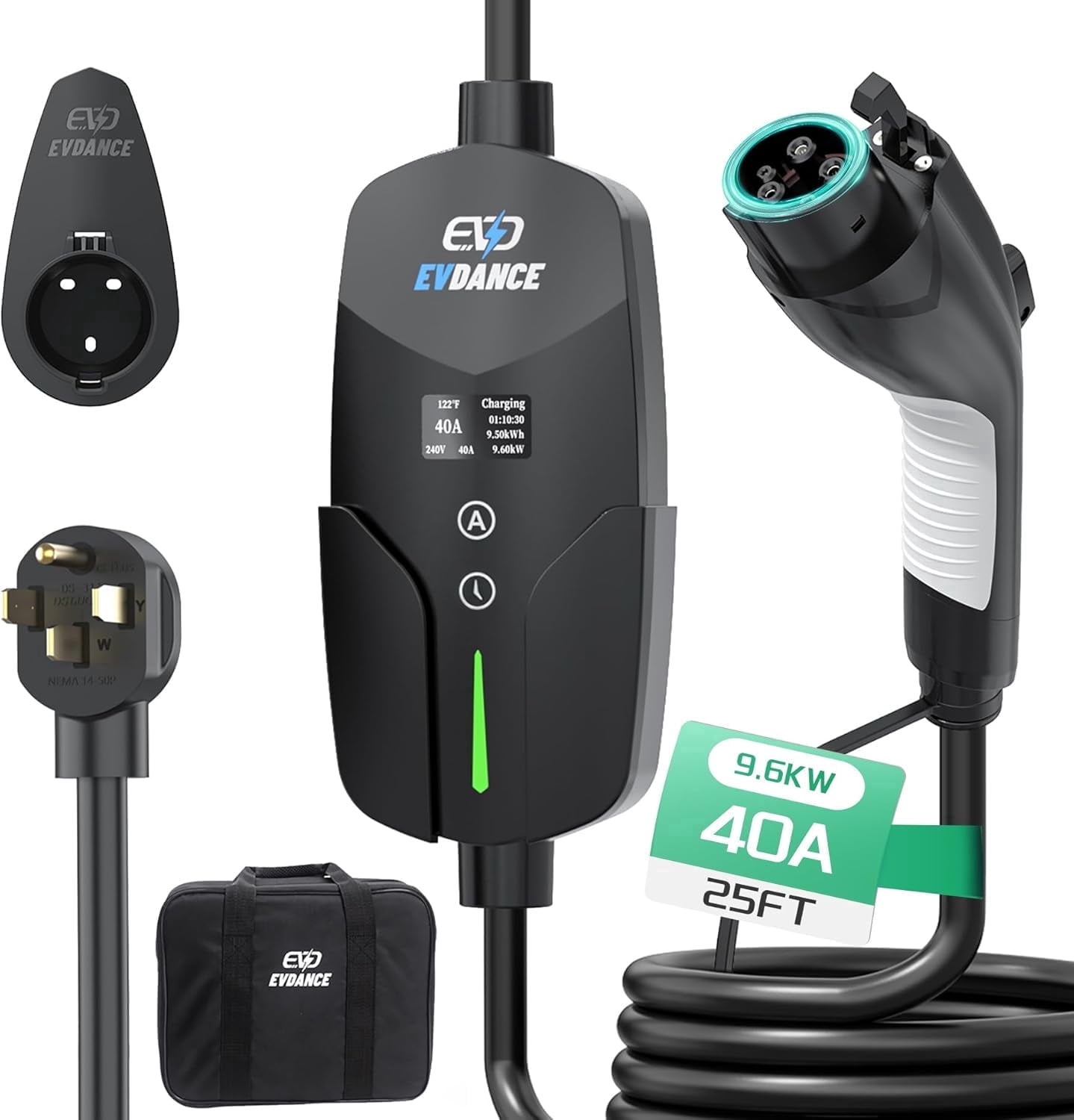 Level 2 EV Charger, 40A/9.6KW Portable & Home Electric Vehicle Charging Stations with 25ft Charging Cable, NEMA 14-50 Plug, Adjustable Current & Timing Delay, EV Charger Compatible with All J1772 EVs