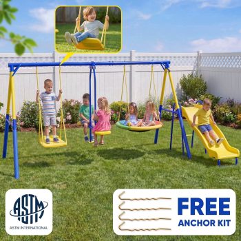 Swing Sets 6 Kids Play,Fashionsport Outfitters Heavy-Duty Outdoor Metal Swing sets for Backyard,Playground,Outside Toys with Saucer Swing,Wave Slide,Glider,Standing Swing for Aged 3-12
