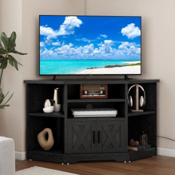 Uforic Farmhouse Corner TV Stand for TVs up to 55 inch with Power Outlet, Wood Entertainment Center with Storage