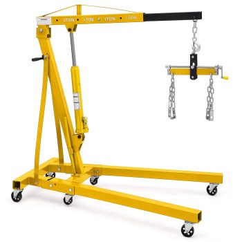 2 Ton Hydraulic Engine Hoist with Lever – Heavy Duty Folding Cherry Picker Shop Crane – Telescopic Adjustable Boom – 6 Swivel Casters – Engine Lift for Garage and Auto Repair – Color: Yellow