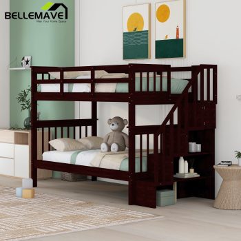 Bellemave Twin Over Twin Stairway Bunk Bed 2 Twin Bunk Bed with Storage Stairs Convertible 2 in 1 Bunk Bed Frame with Shelves and Guardrail, Brown
