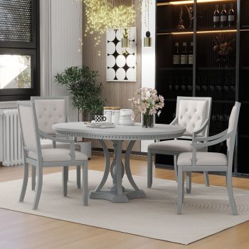 Harper & Bright Designs Farmhouse Dining Set for 4, Wood Kitchen Extendable Round Dining Table Set with 4 Upholstered Chairs
