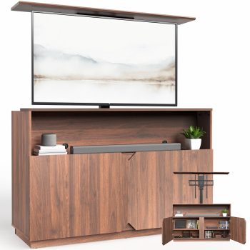 VIVO Walnut Motorized Lift Concealed TV Cabinet with Storage, Holds 32-55 TVs