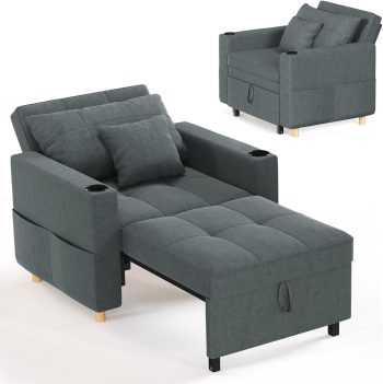 AECOJOY Sofa Bed, 38" Extra-Wide 3-in-1 Convertible Pull-Out Single Sofa with Adjustable Backrest and Cup Holder, Dark Grey