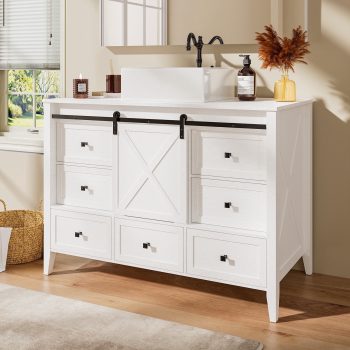Bathroom Vanity with Sink - 48 Inch Bathroom Vanity with Sink Ceramic, Freestanding Cabinet with Farmhouse Sliding Barn Door and 7 Drawers, Space-Saving Storage Cabinet, Wood Grain Texture