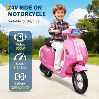 24V 350W Kids Electric Motorcycle – Ride-On Moped Scooter with Seat for Ages 8-14 – 14MPH, LED Lights, Rear Brake, Waterproof, Twist Throttle – Pink